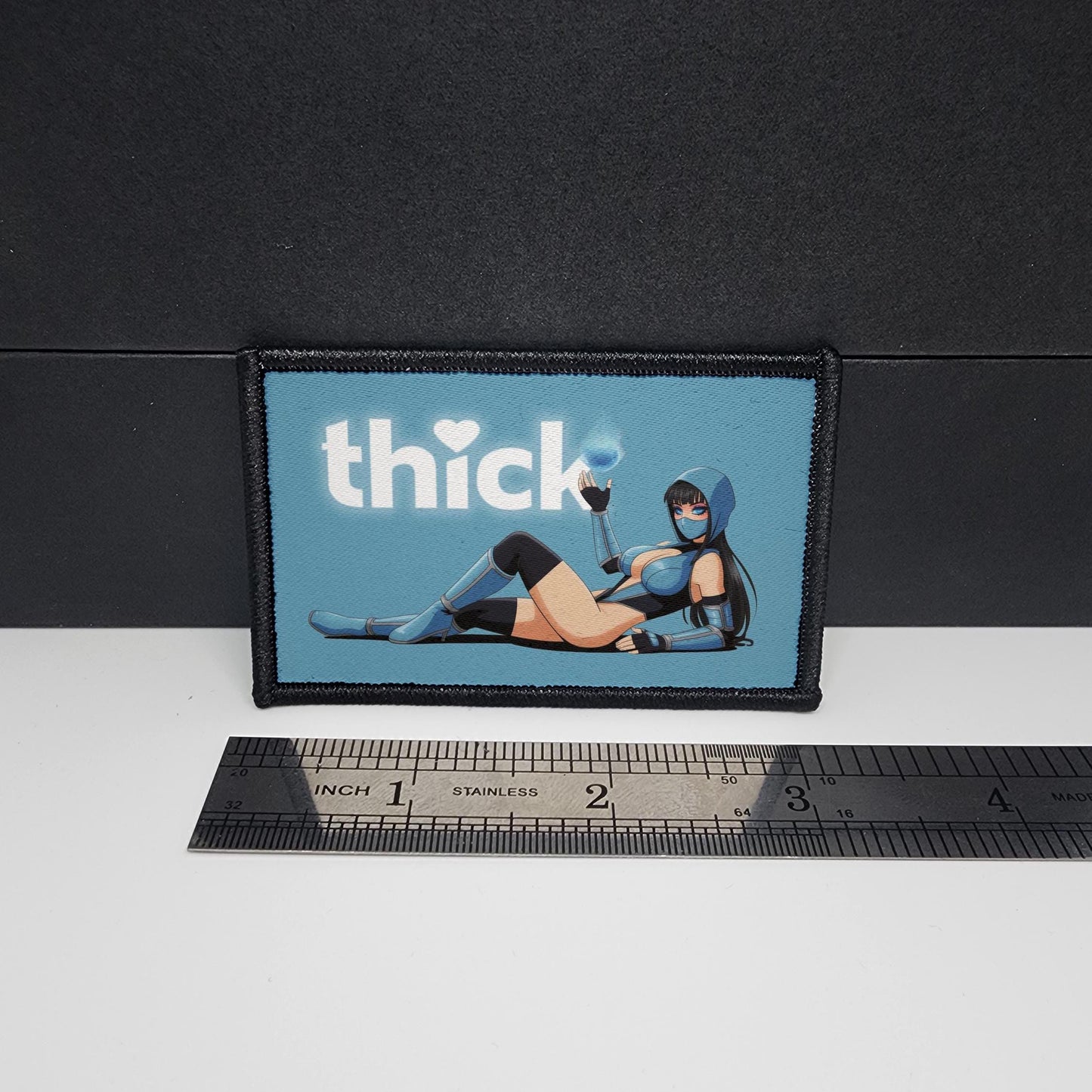 Thick Hearts – Ice Ninja - morale patch – sexy - anime - waifu - video game - 2x3 inch – hook and loop - iron-on – interchangeable patch hat