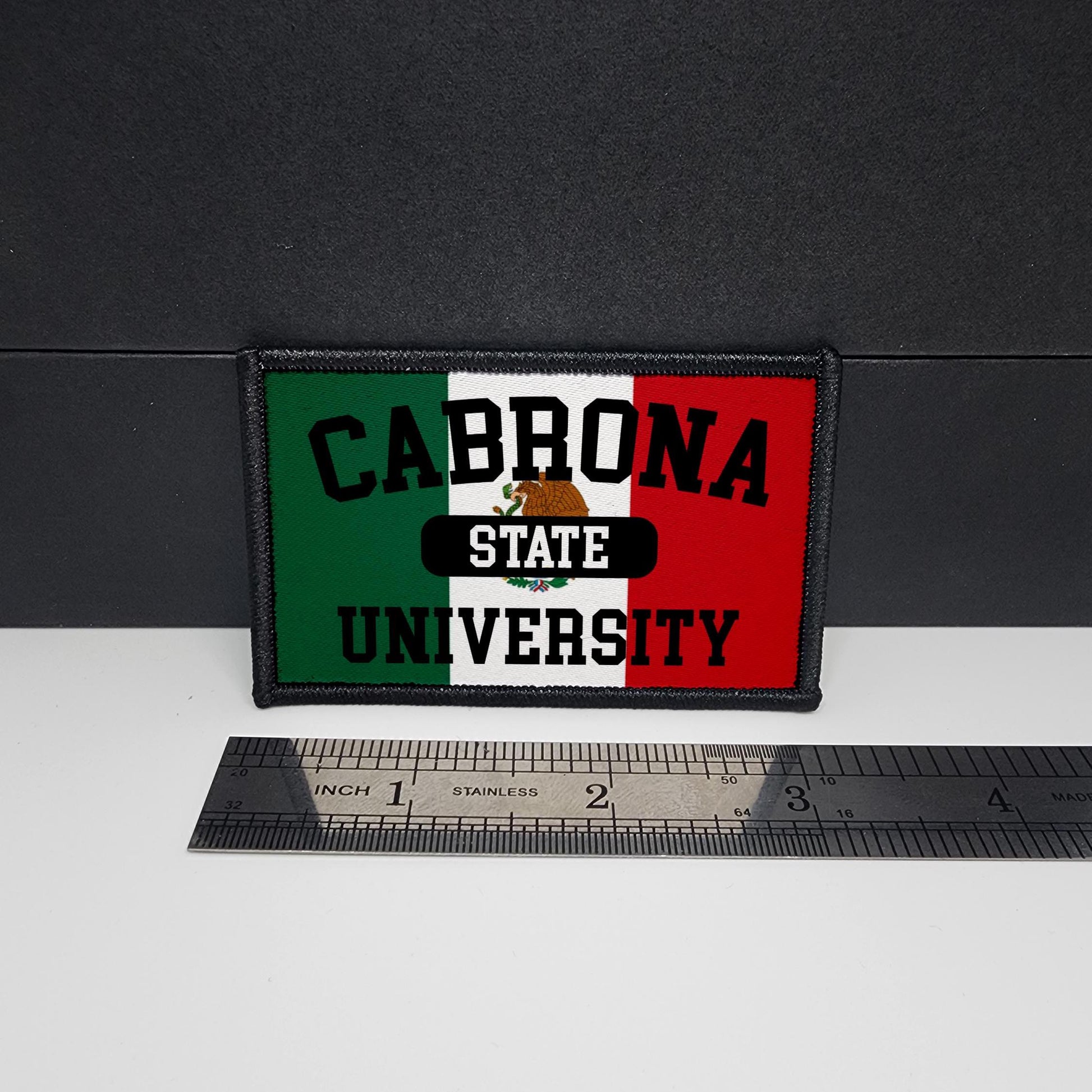 CAPS LOCK ORIGINAL – Cabrona State University - College - morale patch – Mexican - Mexicana - Mexico - Flag - MX - Funny - Meme - 2x3 inch – hook and loop - iron-on  – interchangeable patch hat