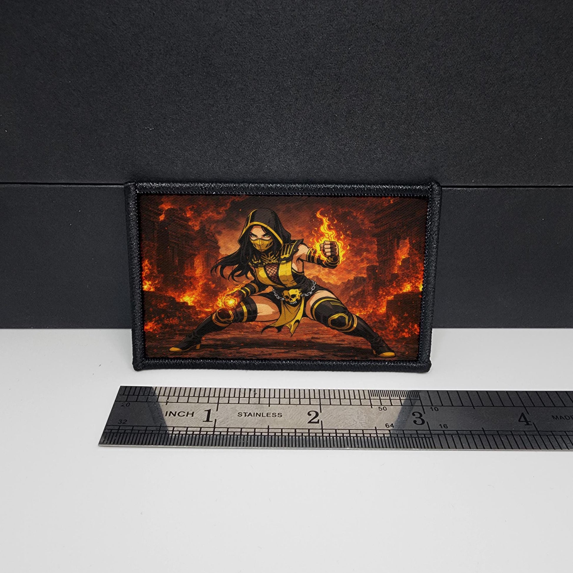 Thick Hearts – Scorpion Yellow Ninja - morale patch – sexy - anime - waifu - video game - 2x3 inch – hook and loop - iron-on  – interchangeable patch hat