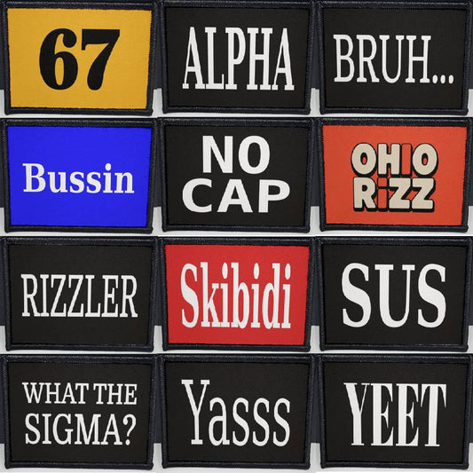 Collection of text-based brain rot patches with various phrases on a grid.

CAPS LOCK ORIGINAL - morale patch - 2x3 inch – hook and loop - iron-on - interchangeable patch - hat - bag